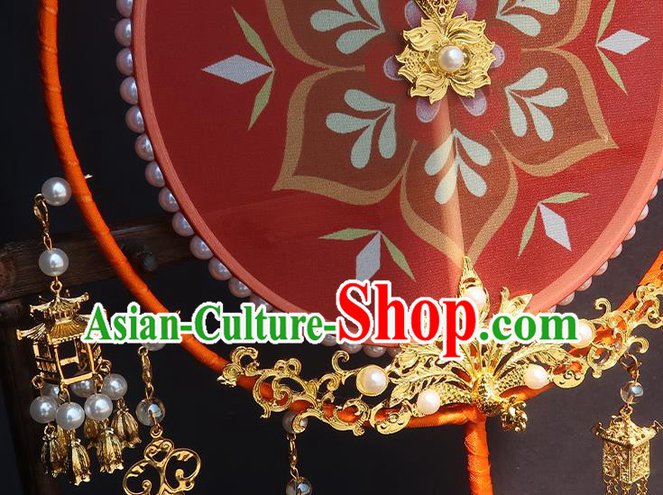 China Traditional Wedding Red Silk Fan Classical Hanfu Tassel Fan Handmade Palace Fan