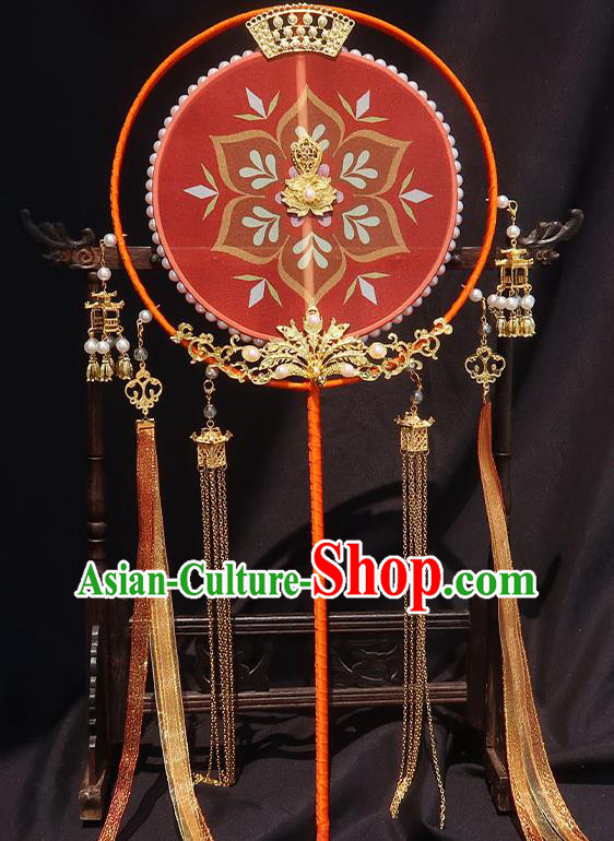 China Traditional Wedding Red Silk Fan Classical Hanfu Tassel Fan Handmade Palace Fan