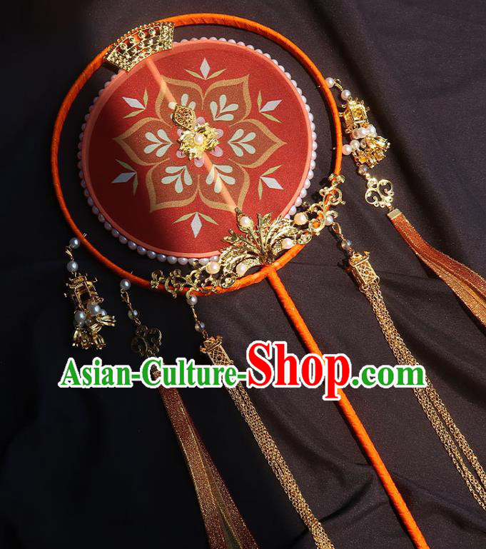 China Traditional Wedding Red Silk Fan Classical Hanfu Tassel Fan Handmade Palace Fan