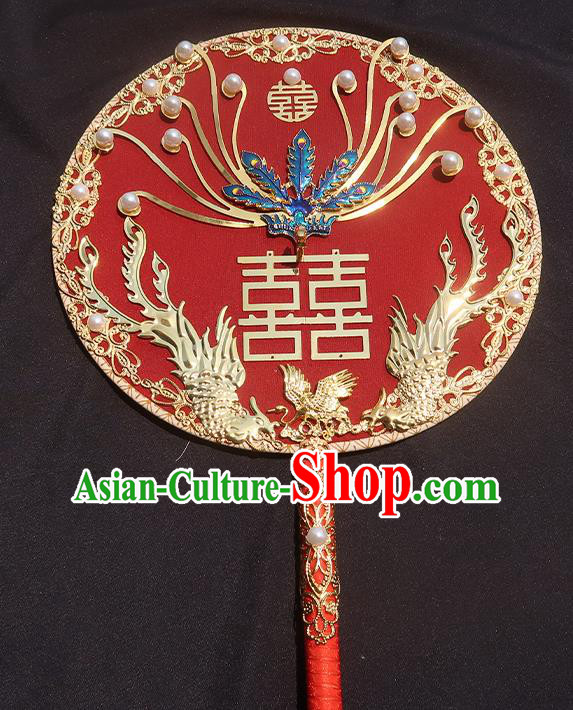 China Traditional Wedding Circular Fan Classical Hanfu Red Silk Fan Handmade Blueing Phoenix Palace Fan