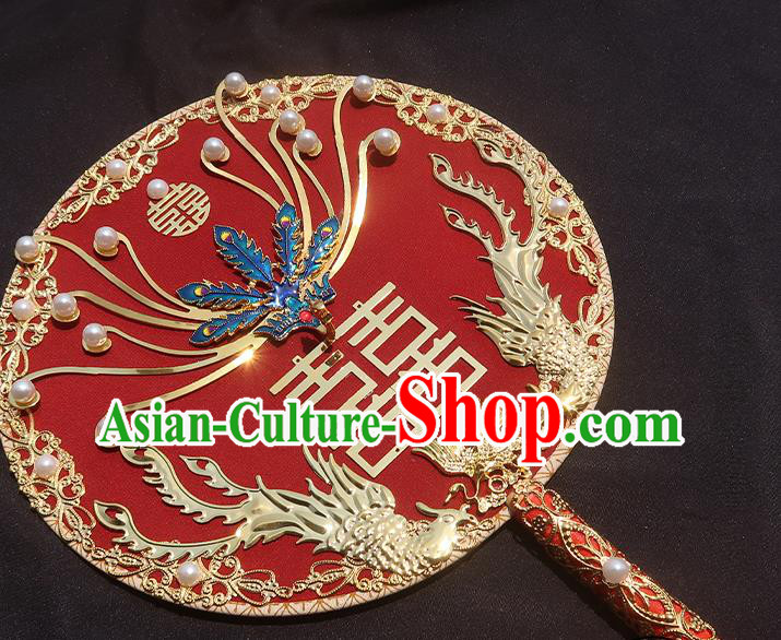 China Traditional Wedding Circular Fan Classical Hanfu Red Silk Fan Handmade Blueing Phoenix Palace Fan