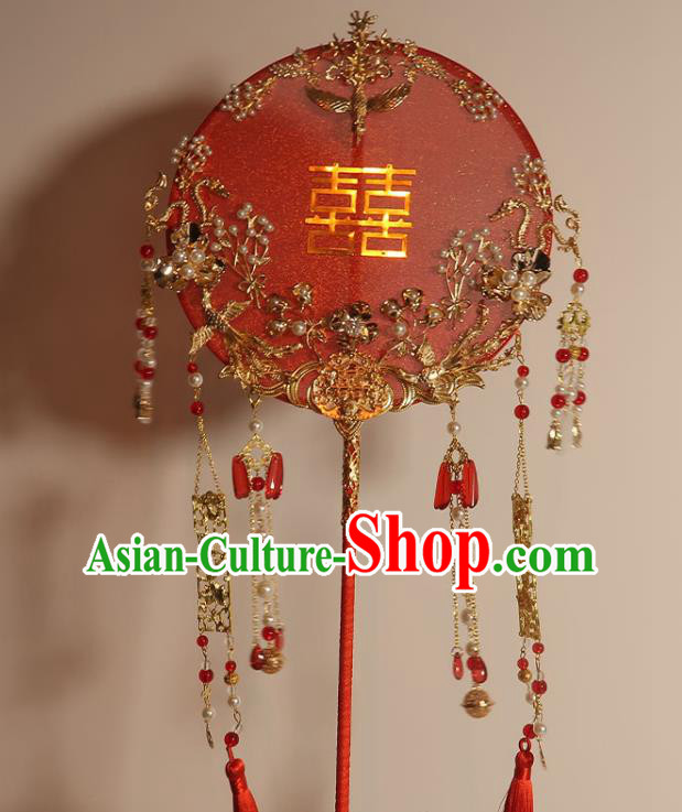 China Handmade Bride Palace Fan Classical Dance Circular Fan Traditional Wedding Red Silk Fan