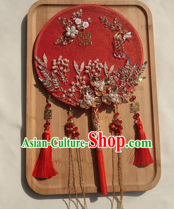 China Handmade Bride Palace Fan Traditional Wedding Circular Fan Classical Dance Red Silk Fan
