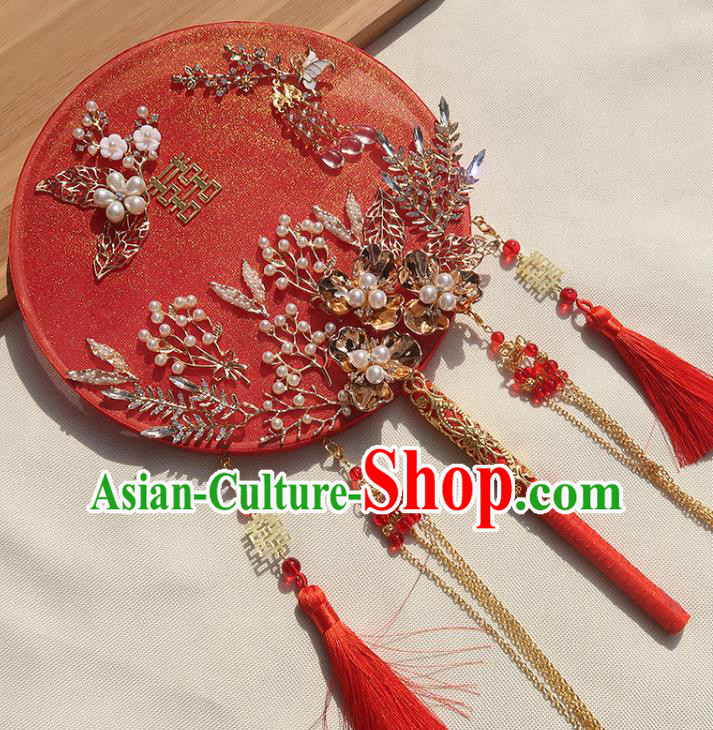 China Handmade Bride Palace Fan Traditional Wedding Circular Fan Classical Dance Red Silk Fan