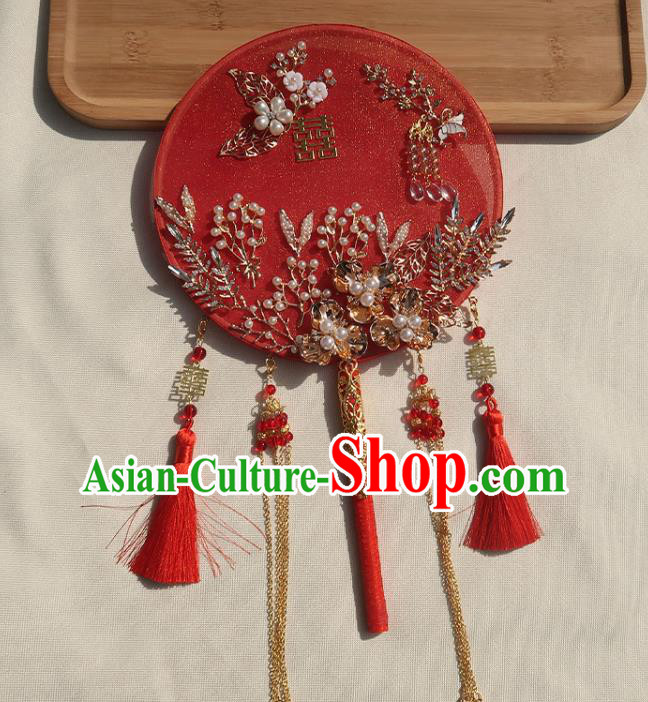 China Handmade Bride Palace Fan Traditional Wedding Circular Fan Classical Dance Red Silk Fan