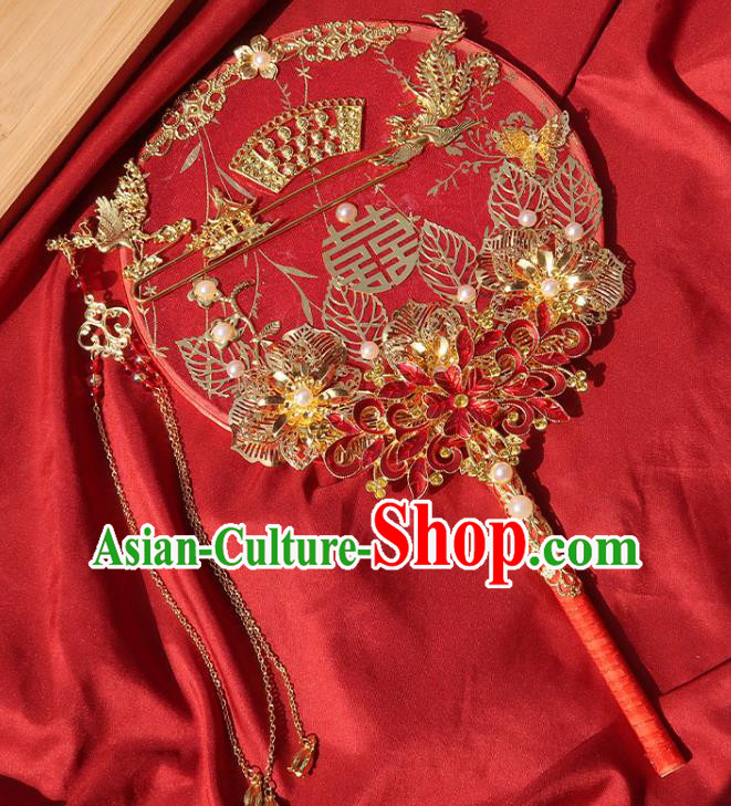 China Classical Dance Red Silk Fan Handmade Bride Palace Fan Traditional Wedding Golden Phoenix Peony Circular Fan