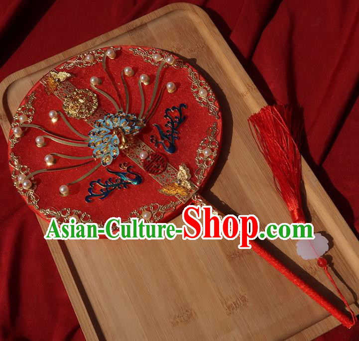 China Handmade Bride Palace Fan Classical Dance Cloisonne Peacock Fan Traditional Wedding Circular Fan