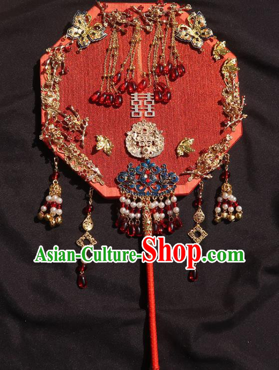 China Traditional Wedding Octagon Fan Classical Dance Silk Fan Handmade Bride Red Palace Fan