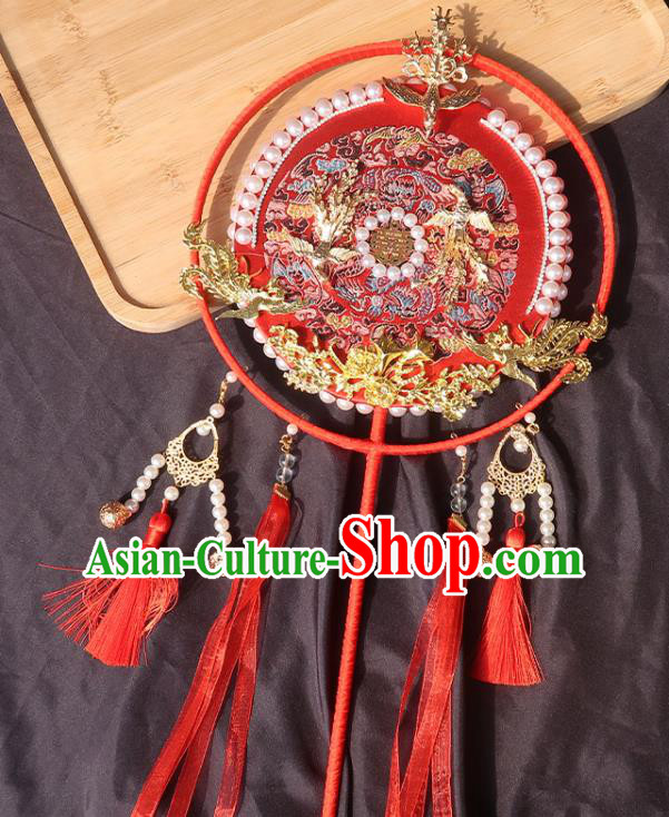 China Bride Golden Phoenix Palace Fan Traditional Wedding Red Silk Circular Fan Handmade Hanfu Embroidered Fan