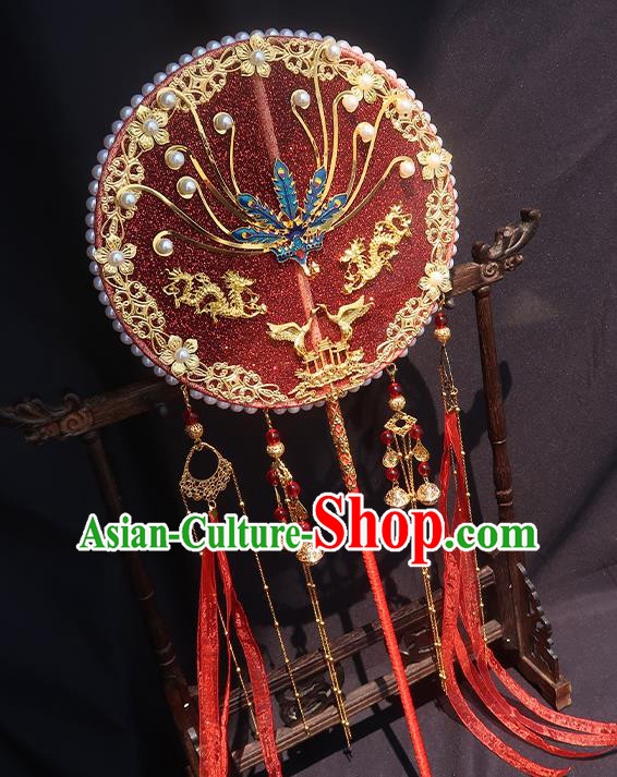 China Traditional Wedding Blueing Phoenix Circular Fan Classical Hanfu Fan Handmade Red Silk Palace Fan