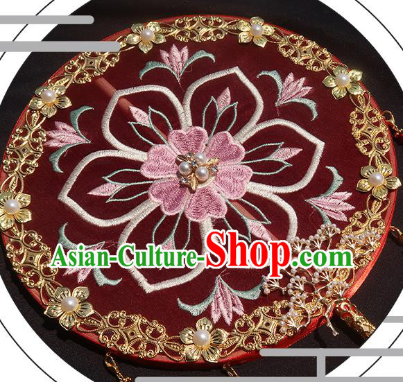 China Traditional Tang Dynasty Hanfu Circular Fan Classical Wedding Fan Handmade Embroidered Palace Fan