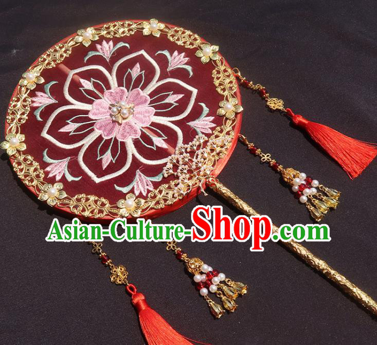 China Traditional Tang Dynasty Hanfu Circular Fan Classical Wedding Fan Handmade Embroidered Palace Fan