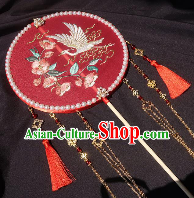 China Traditional Hanfu Embroidered Circular Fan Classical Wedding Fan Handmade Golden Tassel Palace Fan