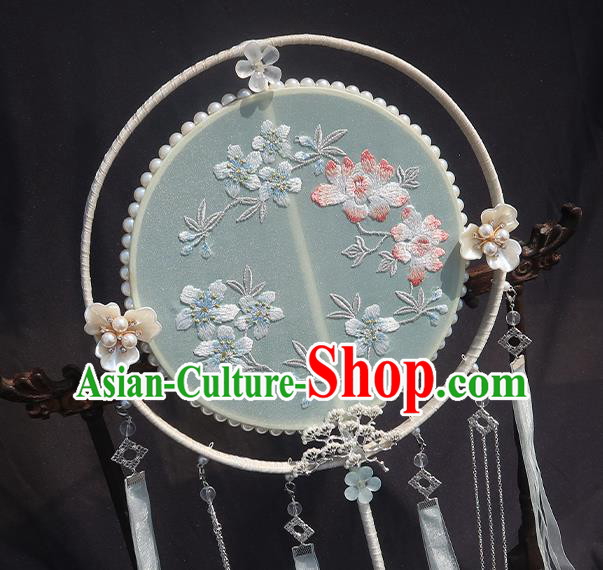 China Classical Wedding Fan Handmade Ribbon Tassel Palace Fan Traditional Hanfu Embroidered Circular Fan