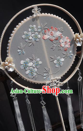 China Handmade Ribbon Tassel Palace Fan Traditional Hanfu Embroidered Circular Fan Classical Wedding Fan