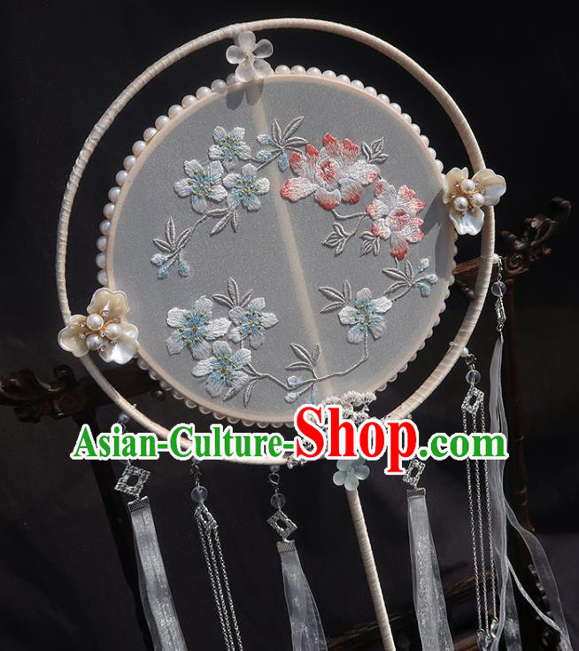 China Handmade Ribbon Tassel Palace Fan Traditional Hanfu Embroidered Circular Fan Classical Wedding Fan