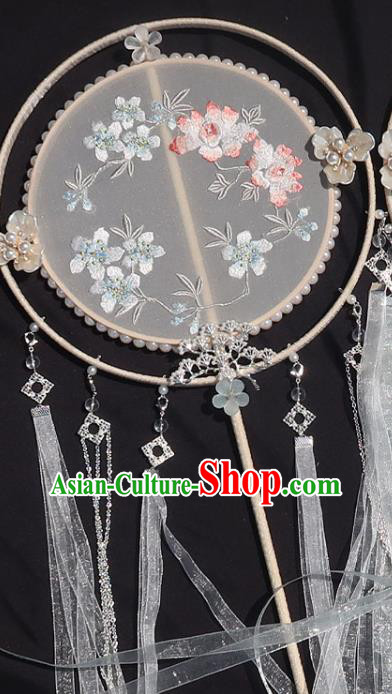 China Handmade Ribbon Tassel Palace Fan Traditional Hanfu Embroidered Circular Fan Classical Wedding Fan