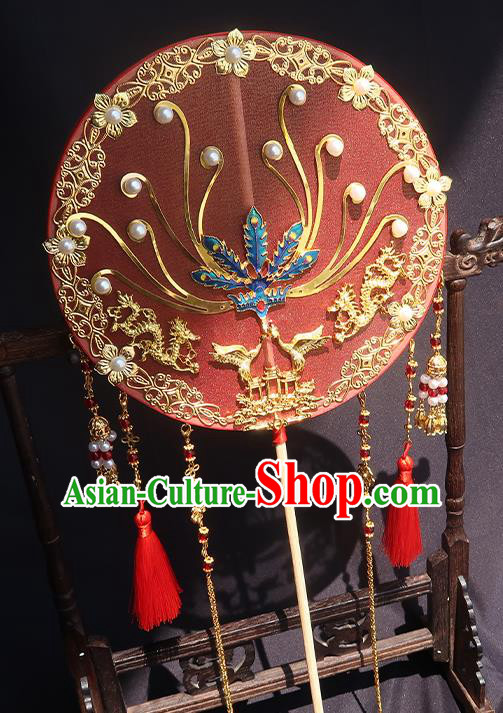 China Handmade Red Silk Palace Fan Traditional Hanfu Fan Classical Wedding Blueing Phoenix Circular Fan
