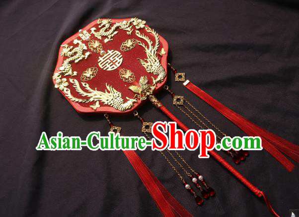 China Classical Wedding Fan Traditional Princess Hanfu Red Silk Fan Handmade Golden Dragon Phoenix Palace Fan