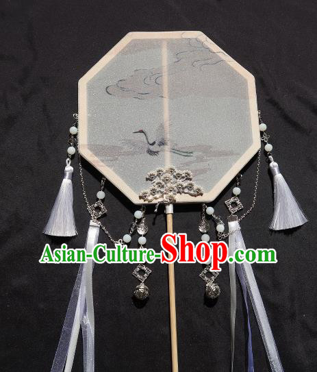 China Handmade Ink Painting Crane Palace Fan Classical Wedding Bride Fan Traditional Hanfu Silk Octagon Fan
