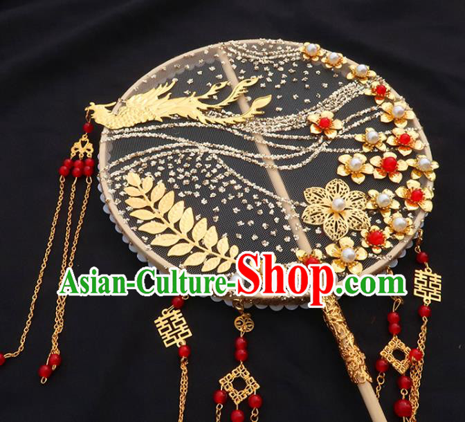 China Handmade Golden Phoenix Palace Fan Classical Wedding Bride Fan Traditional Hanfu Plum Blossom Circular Fan