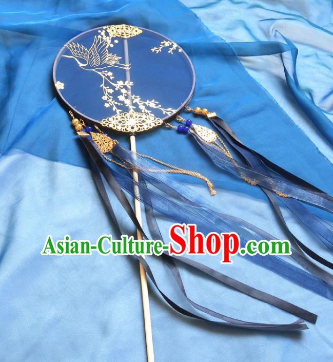 China Handmade Deep Blue Ribbon Palace Fan Classical Wedding Fan Traditional Hanfu Circular Fan