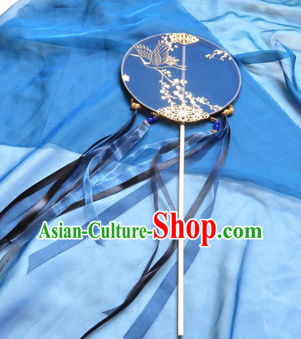 China Handmade Deep Blue Ribbon Palace Fan Classical Wedding Fan Traditional Hanfu Circular Fan