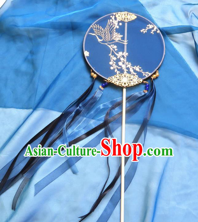 China Handmade Deep Blue Ribbon Palace Fan Classical Wedding Fan Traditional Hanfu Circular Fan
