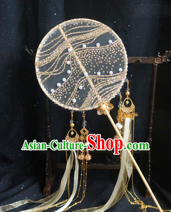 China Traditional Hanfu Circular Fan Handmade Golden Sachet Palace Fan Classical Princess Yellow Ribbon Tassel Fan