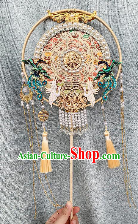 China Classical Champagne Fan Traditional Hanfu Pearls Circular Fan Handmade Blueing Phoenix Palace Fan