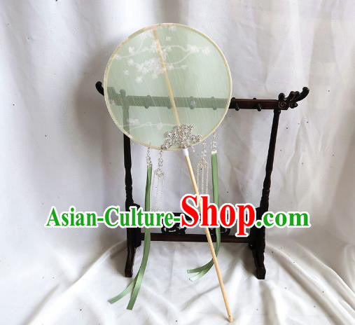 China Traditional Hanfu Light Green Circular Fan Handmade Printing Palace Fan Classical Princess Fan