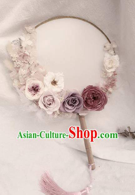 China Handmade Bride Palace Fan Classical Dance Circular Fan Traditional Wedding Purple Roses Fan