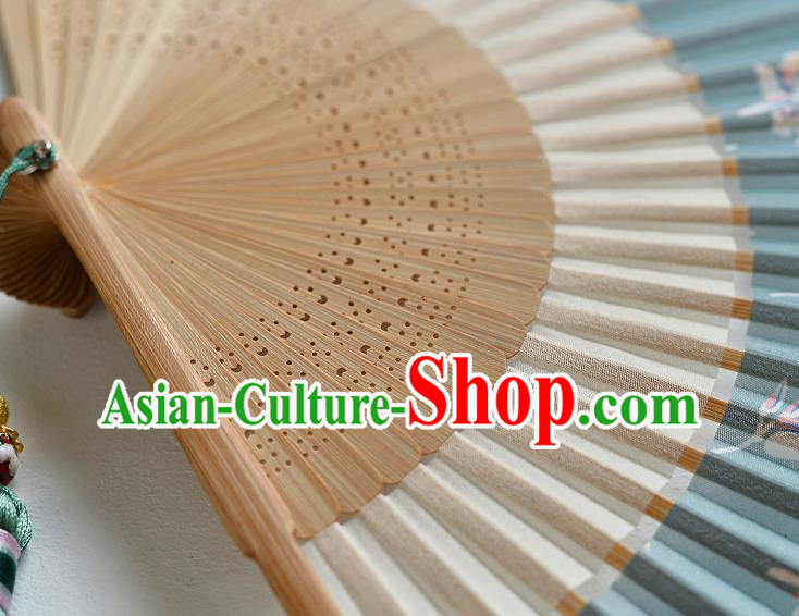 Handmade Chinese Folding Fan Accordion Fan Printing Blue Silk Fans