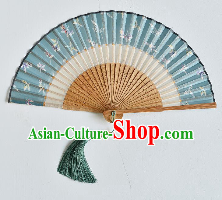 Handmade Chinese Folding Fan Accordion Fan Printing Blue Silk Fans
