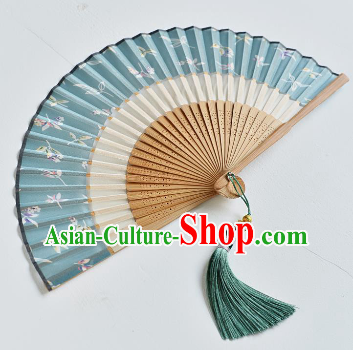Handmade Chinese Folding Fan Accordion Fan Printing Blue Silk Fans