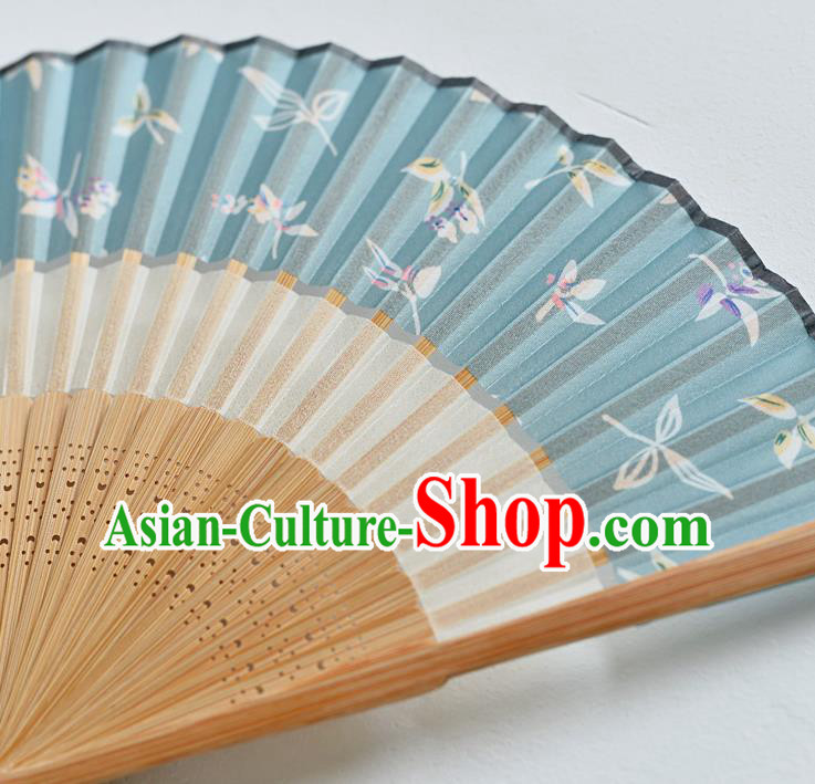 Handmade Chinese Folding Fan Accordion Fan Printing Blue Silk Fans