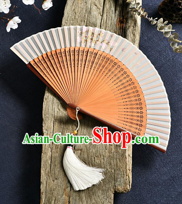 Handmade Chinese Accordion Fan Bamboo Fans Painting Pear Blossom Folding Fan