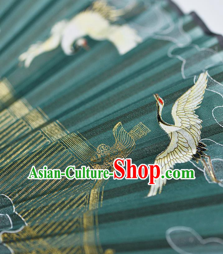 Handmade Chinese Printing Cranes Folding Fan Accordion Fan Green Silk Fans