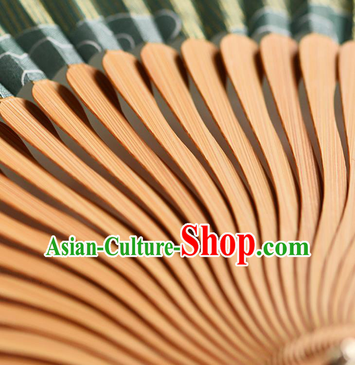 Handmade Chinese Printing Cranes Folding Fan Accordion Fan Green Silk Fans
