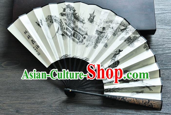 Handmade Chinese Accordion Ink Painting Maple Bridge Night Mooring Folding Fan Silk Fan Carving Bamboo Fan
