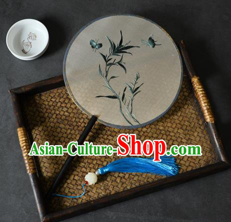 China Handmade Ebony Fan Classical Dance Silk Circular Fan Traditional Suzhou Embroidered Grass Butterfly Palace Fan