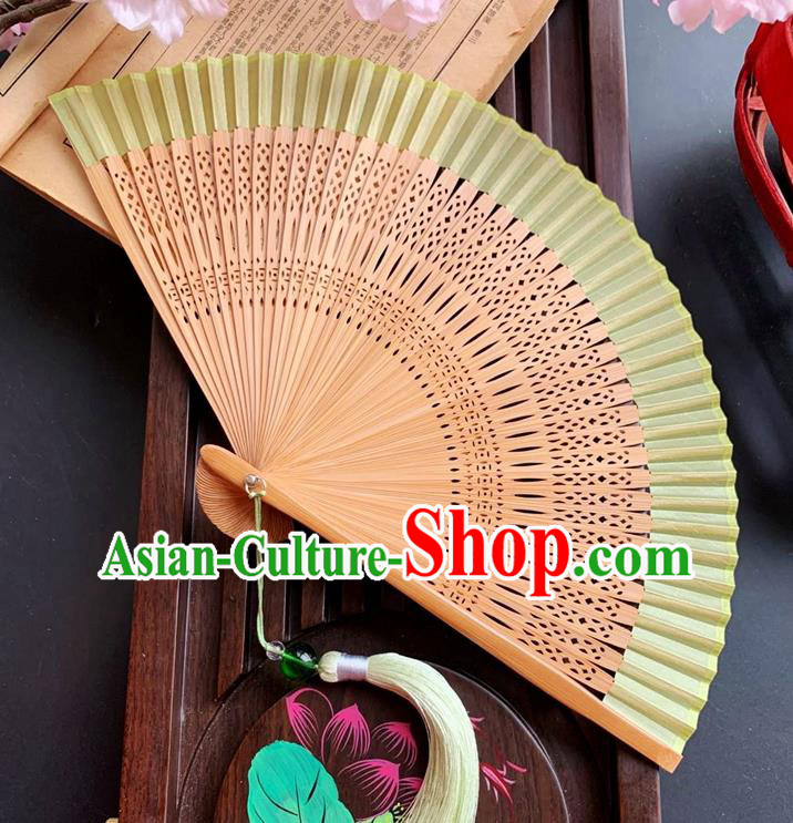 Chinese Handmade Fan Carving Bamboo Folding Fan Classical Light Green Silk Accordion