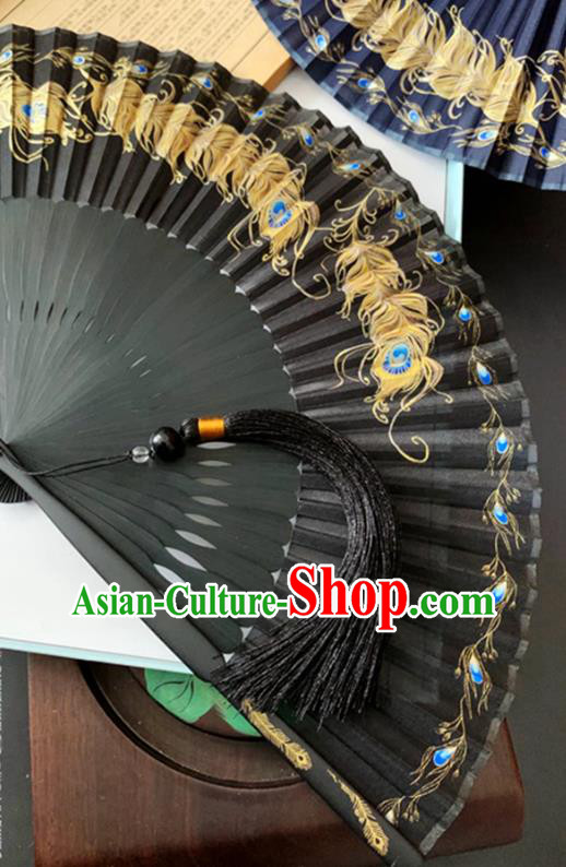 Chinese Classical Black Silk Accordion Fans Printing Peacock Feather Folding Fan Handmade Bamboo Fan