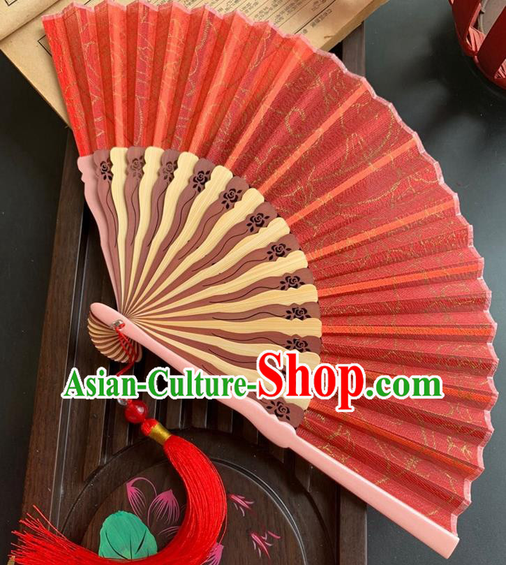 Chinese Handmade Hollowed Bamboo Fan Classical Red Silk Accordion Fans Folding Fan
