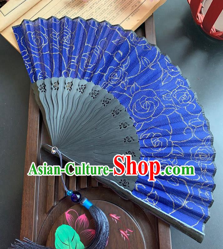 Chinese Handmade Folding Fan Hollowed Rose Bamboo Fan Classical Royalblue Silk Accordion Fans