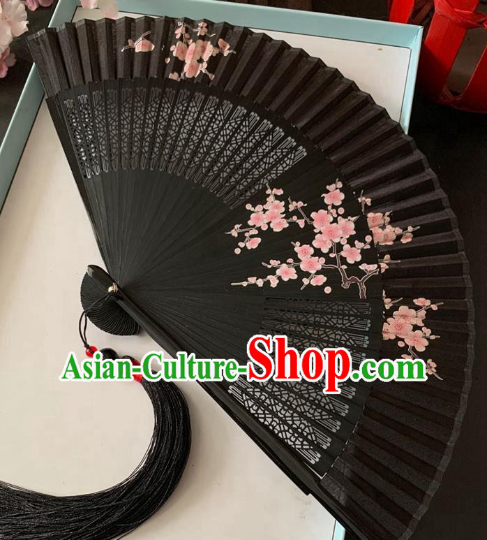 Chinese Handmade Printing Plum Blossom Folding Fan Bamboo Fan Classical Dance Black Silk Accordion