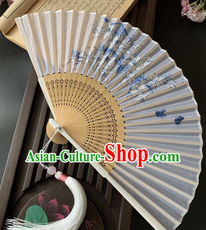 Chinese Classical Dance Silk Accordion Printing Orchids Butterfly Folding Fan Handmade Bamboo Fan