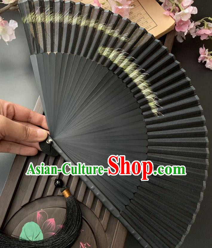Chinese Printing Reed Folding Fan Handmade Bamboo Fan Classical Dance Black Silk Accordion