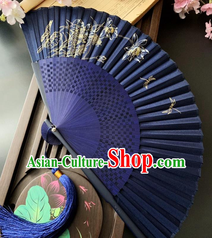 Chinese Printing Dragonfly Lotus Folding Fan Handmade Bamboo Fan Classical Dance Royalblue Silk Accordion