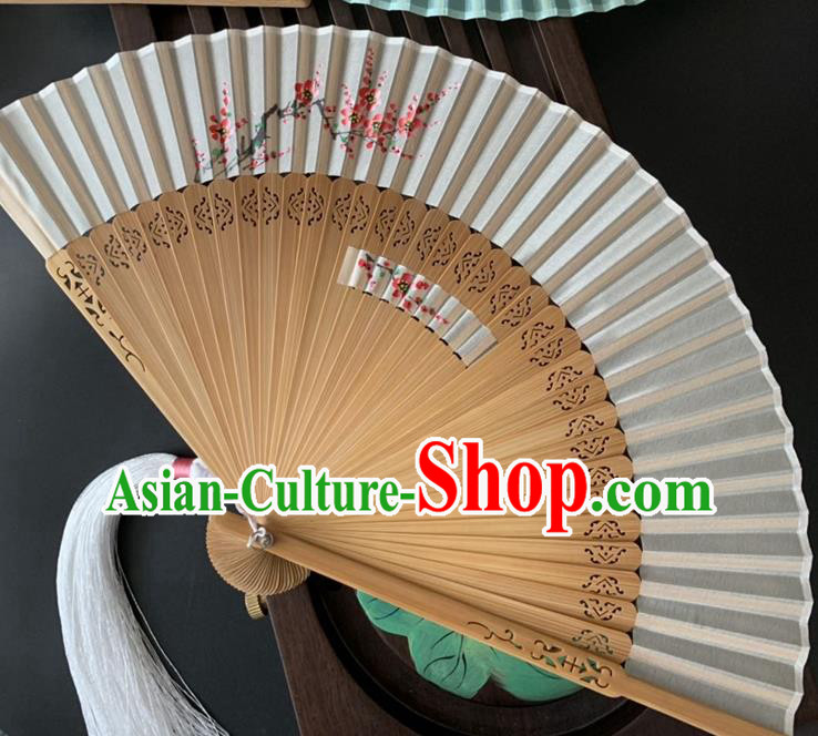 Chinese Printing Plum Blossom Folding Fan Handmade Hollowed Bamboo Fan Classical Dance White Silk Accordion